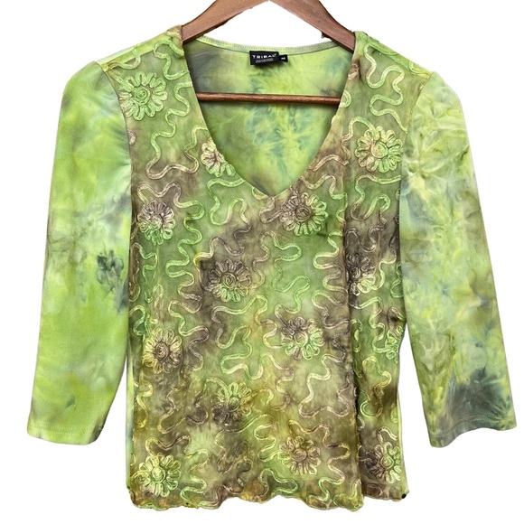 Vintage Tribal Green Tie Dye Flower & Squiggles Appliqué Y2K V Neck Top Size M - Picture 5 of 7